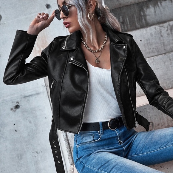 vegan leather black zipper moto biker jacket